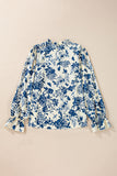 Floral Print Flounce Sleeve Keyhole Back Blouse