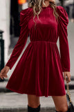 Velvet Frilled Neck Gigot Sleeve Swing Dress