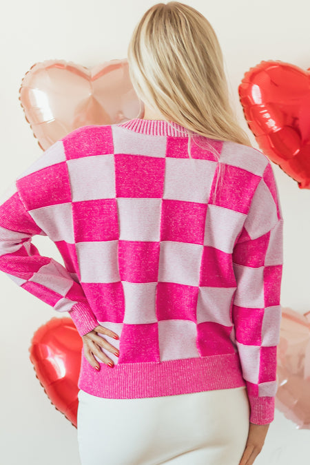 Checkered Drop Shoulder Buttoned V Neck Cardigan