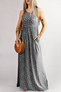 Gray Leopard Print Pocketed Sleeveless Maxi Dress