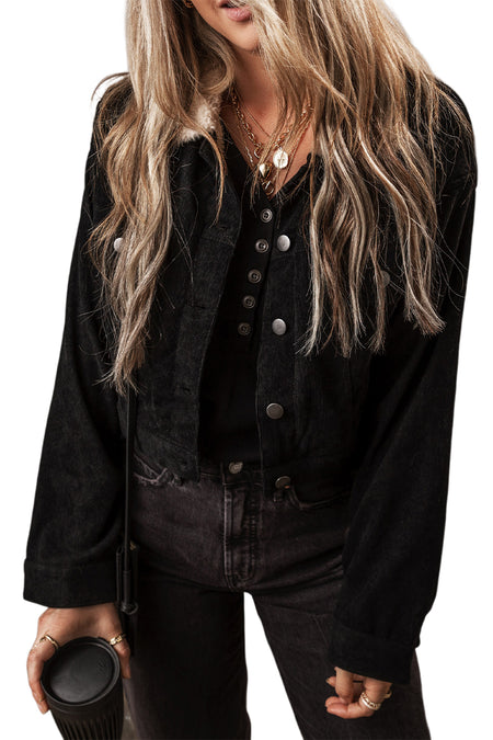 Fleece Lined Button-up Collared Corduroy Crop Jacket