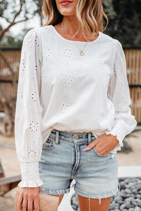 Eyelet Smocked Cuff Sheer Blouse