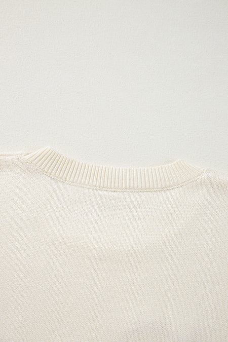 Boo Knitted Pattern Ribbed Edge Drop Shoulder Sweater