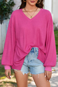 V Neck Long Sleeve Drop Shoulder Loose Blouse