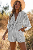 3/4 Wide Kimono Sleeves Tie Front Striped Romper with Pockets