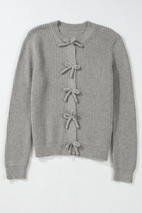 Ribbed Knit Bow Front Buttoned Cardigan