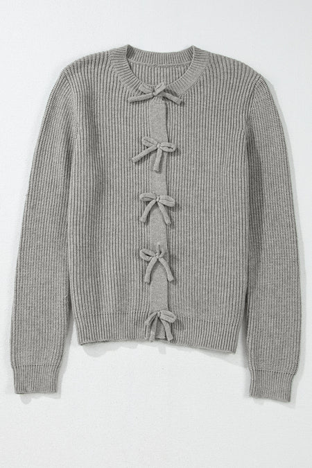 Ribbed Knit Bow Front Buttoned Cardigan