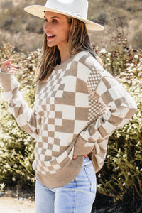 Checkered Drop Shoulder Round Neck Sweater