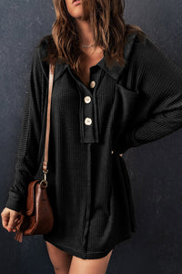Waffle Knit Buttoned Long Sleeve Top
