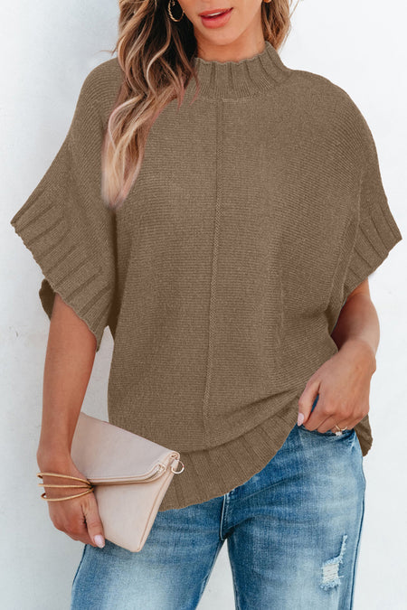 Medium Grey Mock Neck Batwing Short Sleeve Knit Sweater