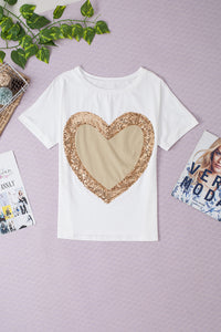 Sequined Heart Crew Neck Short Sleeve Top