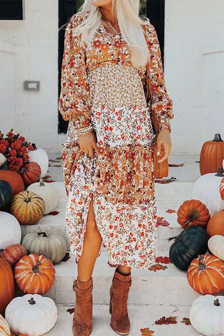 Ruffled Tiered Long Sleeve V Neck Midi Dress