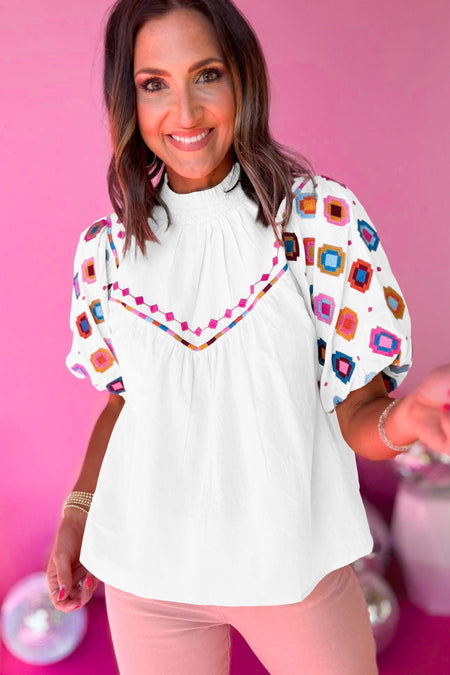 Embroidered Smocked Neck Puff Sleeve Top