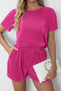 Bright Pink Casual Pleated Short Two-piece Set