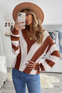 Striped Colorblock V Neck Knitted Sweater