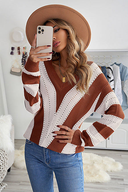 Striped Colorblock V Neck Knitted Sweater