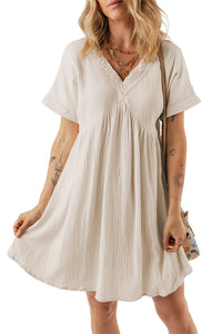 Folded Short Sleeve Lace V Neck Mini Dress