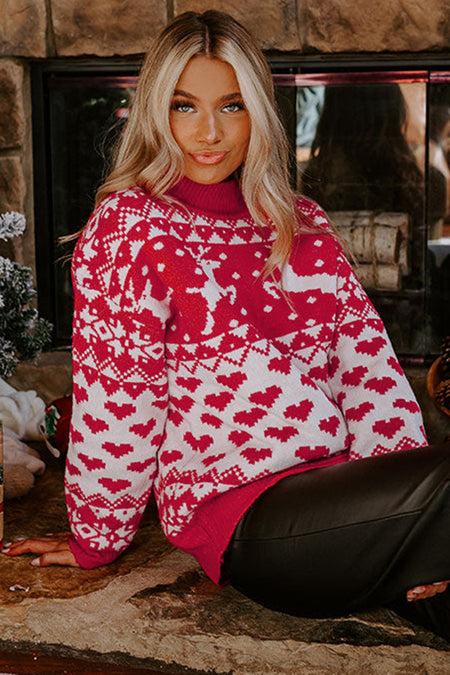 Merry Christmas Reindeer Heart Pattern High Neck Sweater