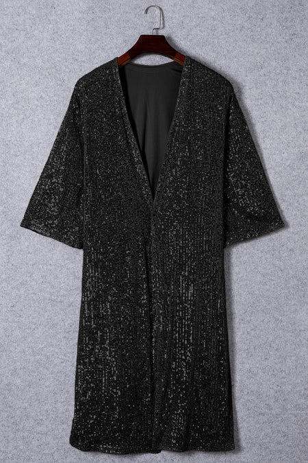 Sequin 3/4 Sleeve Open Front Duster Kimono