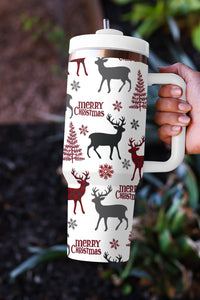 Merry Christmas Tree Snowflake Elk Print Handle Tumbler