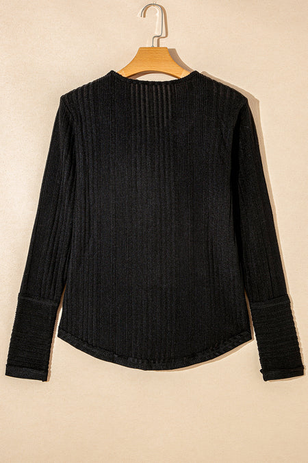 V Neck Buttoned Ribbed Knit Top