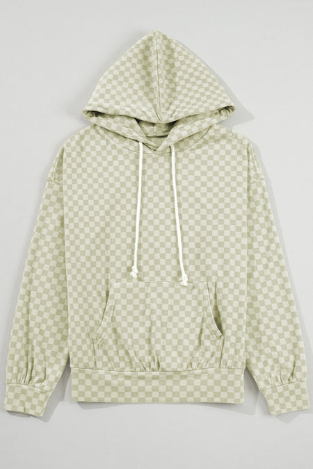 Checkered Print Kangaroo Pocket Drawstring Hoodie