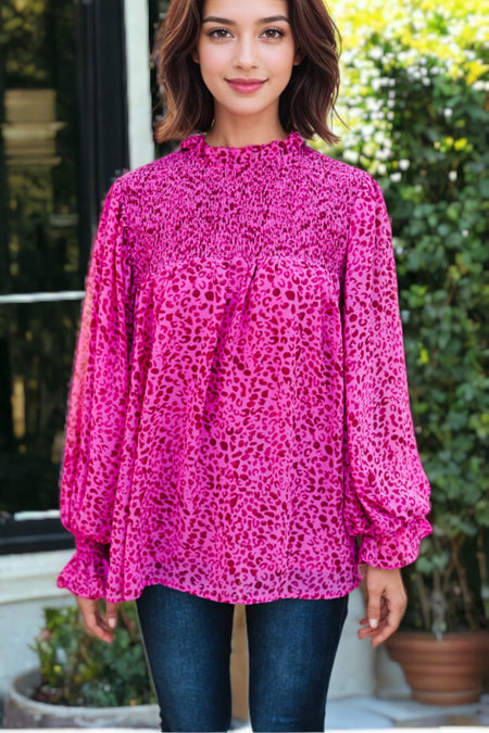 Leopard Shirred Puff Sleeve Flowy Blouse