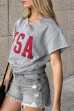 Black USA Lettering Patch Notched Neck Loose Tee