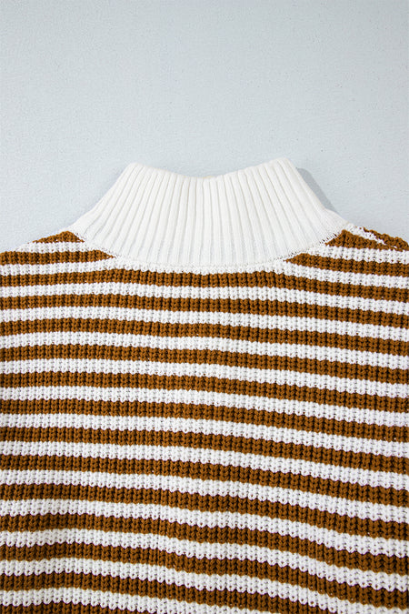 Stripe Zip up Collar Drop Shoulder Sweater