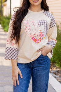 Plaid Floral Peace Heart Graphic Wide Long Sleeve Top