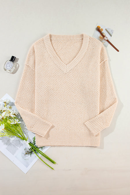 Loose Eyelet V Neck Drop Shoulder Sweater