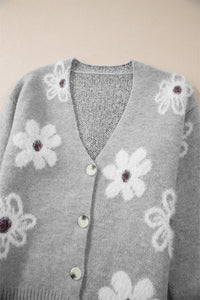 Floral Print V Neck Knitted Button up Cardigan