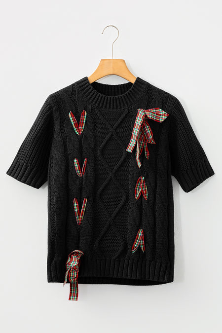 Plaid Lace Up Puff Sleeve Sweater