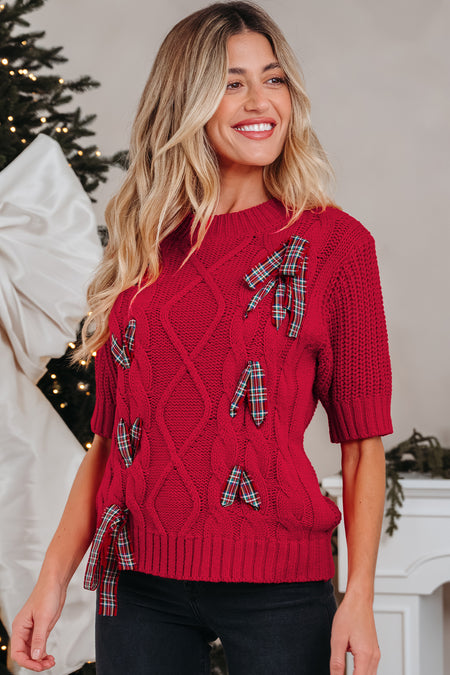 Plaid Lace Up Puff Sleeve Sweater