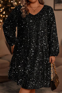 Plus Size Bubble Sleeve V Neck Sequin Dress