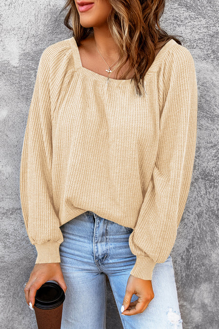 Scoop Neck Puff Sleeve Waffle Knit Top