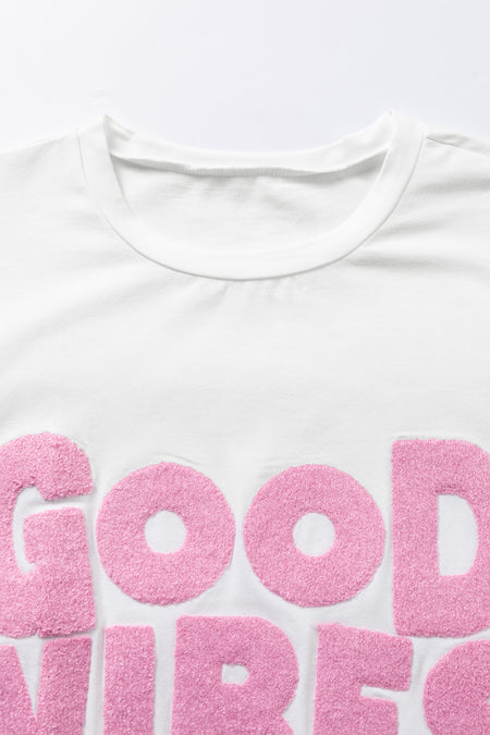 White GOOD VIBES Chenille Embroidered Crewneck T Shirt