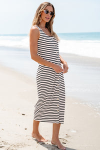 Striped Print Sleeveless Buttoned Maxi Dress