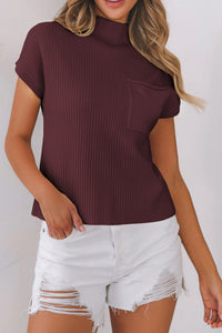 Patch Pocket Ribbed Knit Short Sleeve Sweater