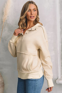 White Ribbed Hem Snap Button Neckline Sweatshirt with Pocket