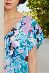 Abstract Print V Neck Flutter Sleeve Blouse