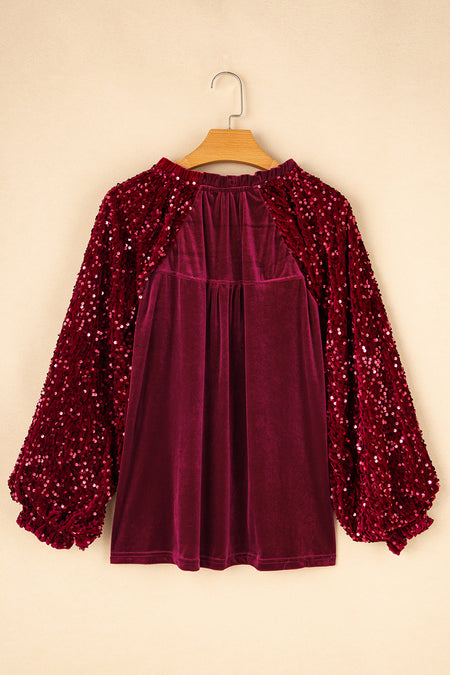 Sequin Patchwork Sleeve Button Up Velvet Top