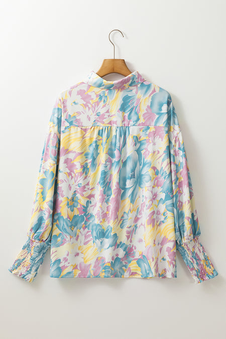 Allover Print Shirred Cuff Oversized Shirt