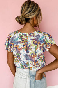 Floral Buttoned Round Neck Ruffled Sleeve Blouse