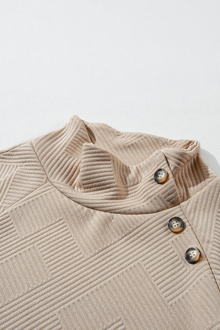 Asymmetric Buttons Detail High Neck Textured Sweatshirt