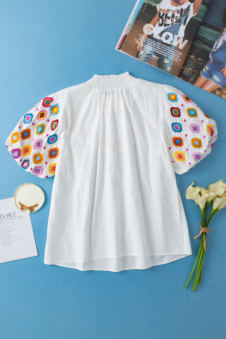 Embroidered Smocked Neck Puff Sleeve Top