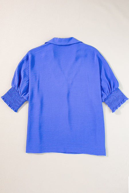 Boxy Collared Smocked Sleeve Cuffs Blouse