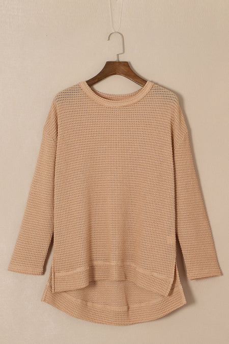 Khaki Waffle Knit High Slits Oversized Top