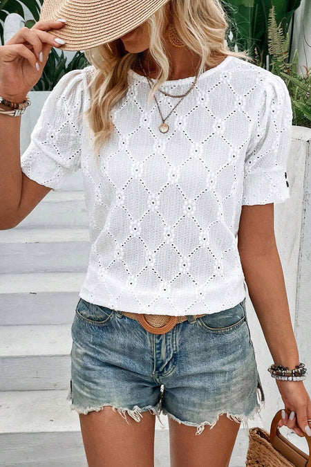 Eyelet Embroidered Short Puff Sleeve Top