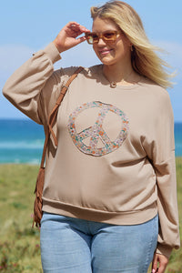 Floral Peace Sign Graphic Washed Terry Plus Size Sweatshirt